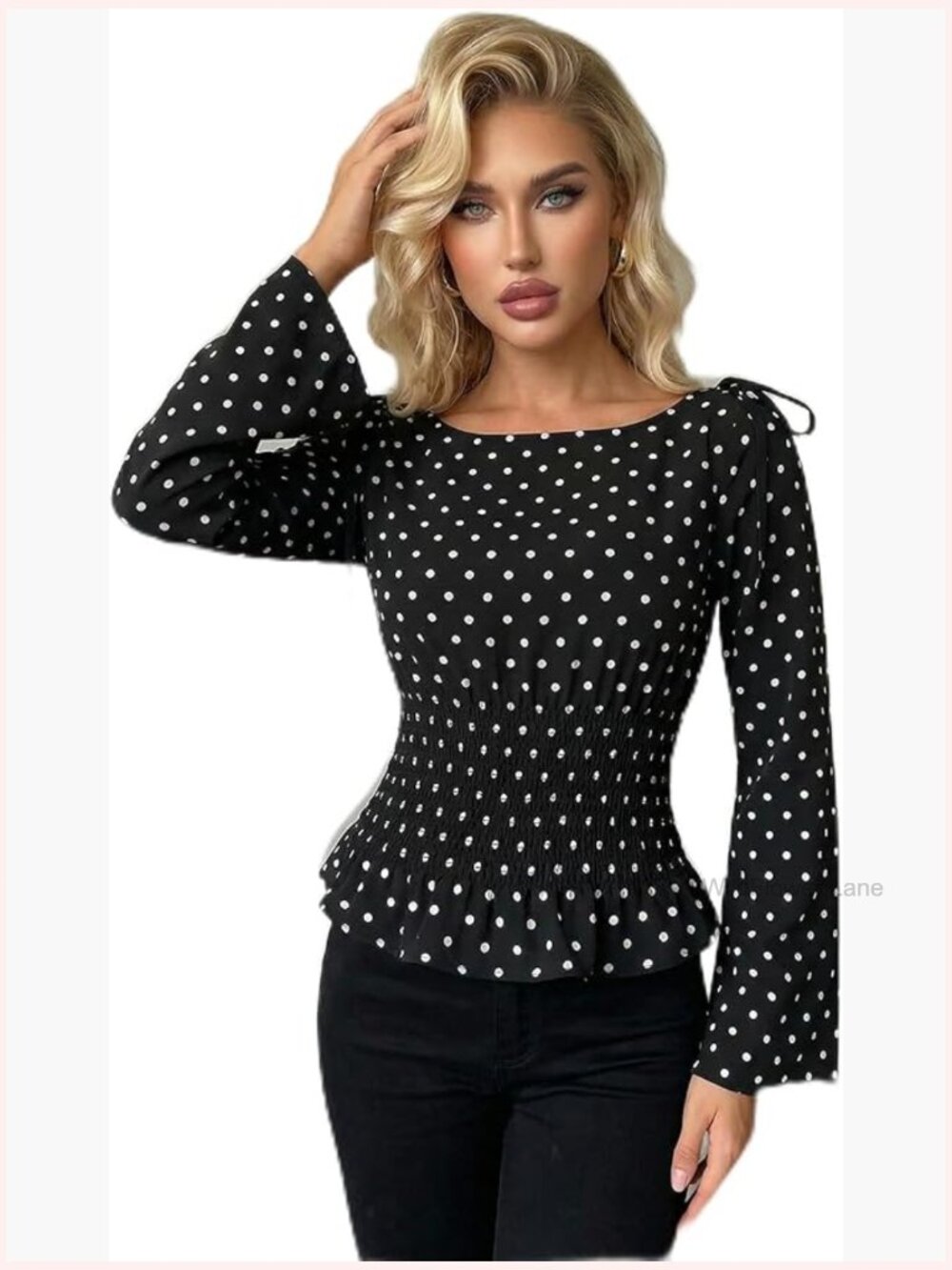 Polka Dots Ruffle Peplum Blouse Smocked Waist Bell Sleeve